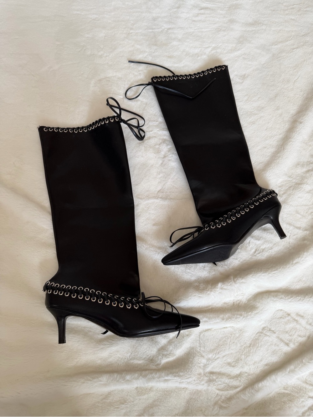 Goolita Metal Eyelets Pointed Toe Knee High Boots Women Kitten Heel Size 7 - Picture 8 of 16